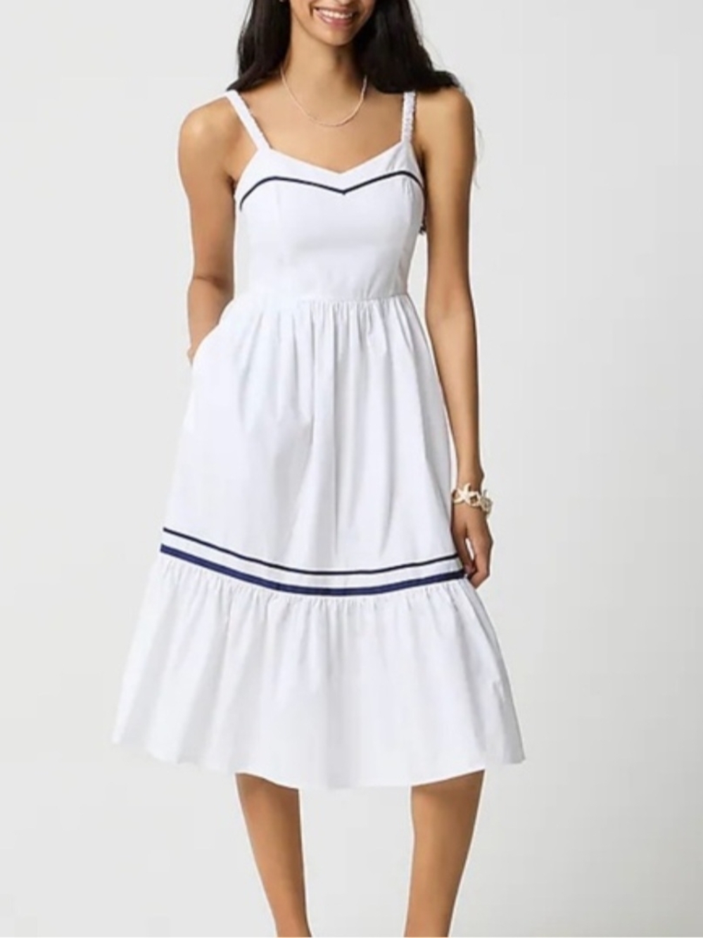 J. Crew White Midi Dress Sundress Navy Trim Summer Cotton Size 4P Nautical